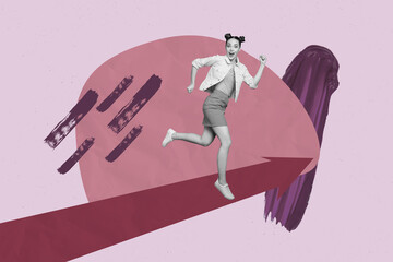 Creative pop poster sketch art collage of happy businesswoman businessman run arrow development success statistics progress