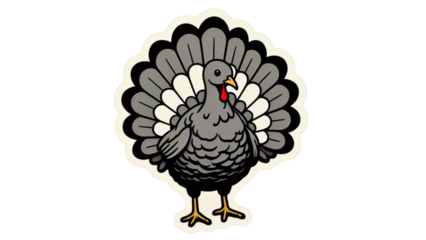 A charming Thanksgiving turkey illustration featuring a grey bird with a detailed fan-shaped tail feathers design perfect for holiday cards menus and decorations.