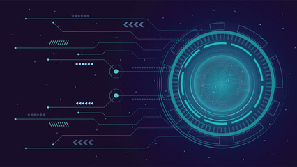 Obraz premium High tech circular interface design with glowing blue circuits and abstract digital elements on dark futuristic background