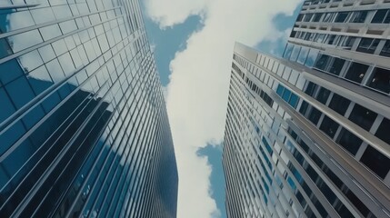 Fototapeta premium Modern skyscrapers reaching towards a cloudy sky.