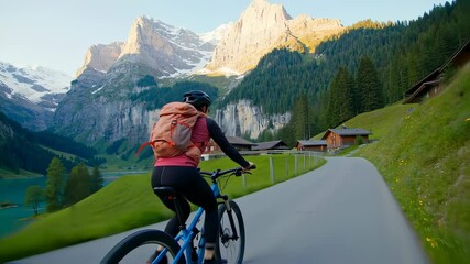 An adventurous female cyclist on a mountain bike enjoys a scenic ride along a winding road in a beautiful valley, with a stunning turquoise lake and snowy mountain range in view. - Powered by Adobe