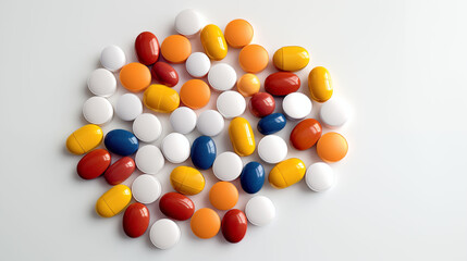 Obraz premium Assorted medicine pills and capsules scattered on a clean white background
