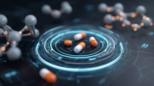 futuristic UI with molecular structures and pills in background, healthcare technology concept