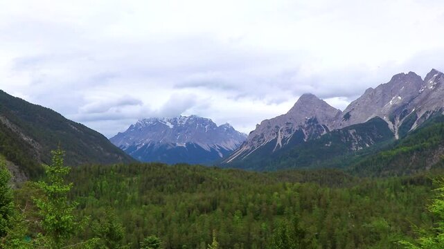 Panorama view Zugspitze mountain alpine landscape in Alps Tyrol Austria.