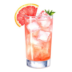 Watercolor illustration of a refreshing Paloma cocktail. Cocktail drink watercolor illustration on transparent background.