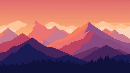Abstract geometric mountain range landscape at sunset with vibrant colors