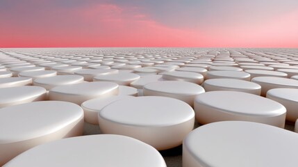Fototapeta premium White round tablets arranged in rows on a flat surface with a pink and blue gradient sky in the background creating an abstract and endless pattern perspective