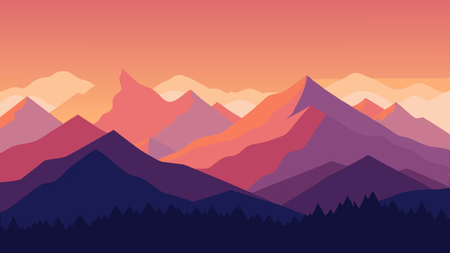 Abstract geometric mountain range landscape at sunset with vibrant colors