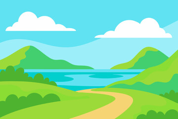 Fototapeta premium Serene landscape with winding path leading to a calm blue lake