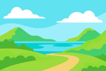Fototapete Serene landscape with winding path leading to a calm blue lake © Rashada