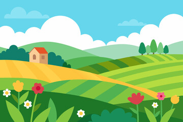 Charming cartoon landscape with rolling green hills and a small house