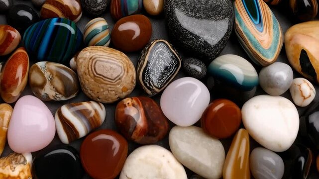 Collection of polished gemstones and rocks, variety of colors and patterns, smooth surfaces, close-up assortment for geology, natural beauty