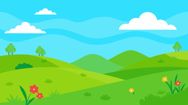 Vibrant green rolling hills under a bright blue sky with fluffy white clouds