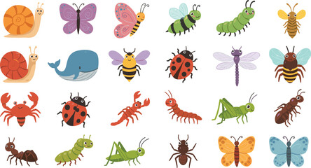 Cartoon insects and bugs collection, cute insect vector clipart, colorful bug icons, kids educational illustration, butterfly bee ant snail crab drawing, nature animals design © Titan