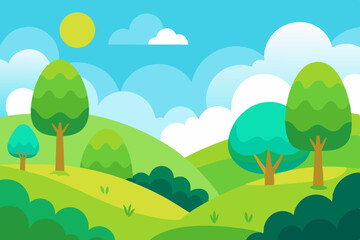 Obraz premium Vibrant cartoon landscape with rolling green hills trees and a bright sun