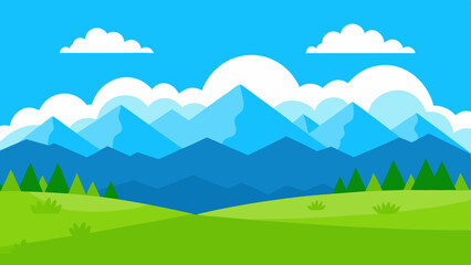 Fototapeta premium Vibrant cartoon landscape with rolling green hills and blue mountains under a bright sky
