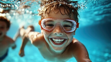 Fototapeta premium A joyful child swimming underwater, wearing colorful goggles, exuding pure happiness, capturing the essence of carefree childhood in a sparkling blue aquatic world.