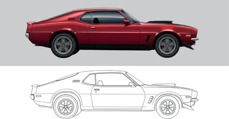 Naklejka premium Vintage Two-Door Muscle Car in Glossy Red and Line Art – Side Profile Rendering with Hood Scoop and Sport Rims