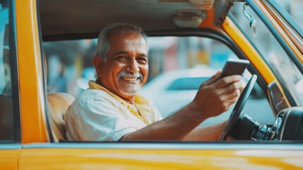Smiling taxi driver with smartphone behind the wheel in urban setting