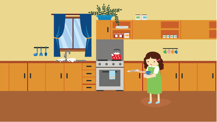 Illustration of a young girl in the kitchen. Vector illustration.