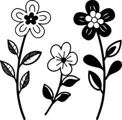 Flowers for decoration in many styles, SVG with clean lines.Black and White Flower Illustrations with Leafy Stems