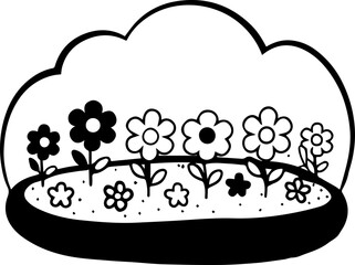 Flowers for decoration in many styles, SVG with clean lines.Colorful Flower Garden Illustration with Cloudy Background