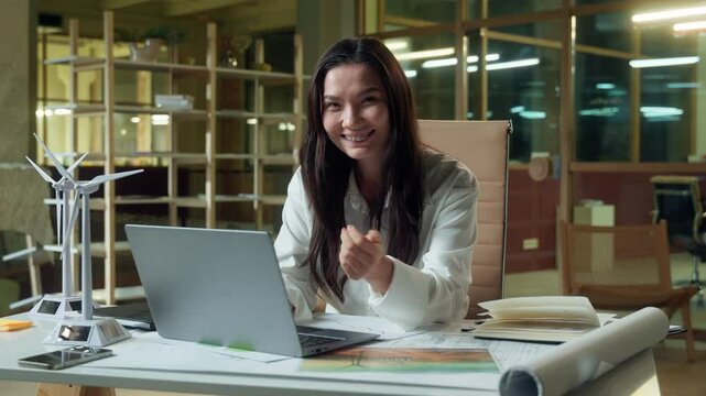Happy Asian woman businesswoman business employer girl HR manager smiling entrepreneur at office online work come here welcome gesture Chinese Korean Japanese female tempting invite call recruitment