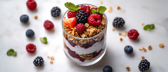 Berry Granola Yogurt Parfait in a Glass Jar with Fresh Berries and Mint Leaves
