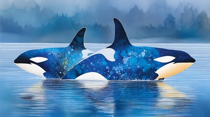 Obraz premium Serene Watercolor Art of Orca Mother and Calf Swimming in Calm Ocean Waters