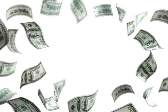 Floating of dollar bill on white