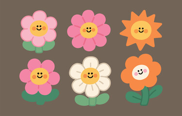 Fototapeta premium A Collection of Six Cute Cartoon Flowers with Smiling Faces in Pink Orange and White Hues
