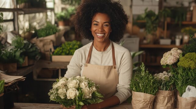 A warm and inviting portrait of a woman florist holding a bouquet of fresh flowers, radiating joy and passion for creativity and nature in a cozy floral shop setting.