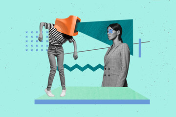 Creative full artwork collage of two girl guy stand together business partners beam influence...