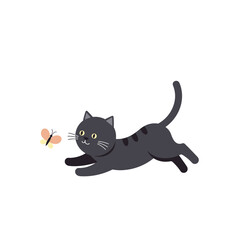 Obraz premium Cartoon Gray Cat Pouncing Towards a Peach-Colored Butterfly with Black Markings.
