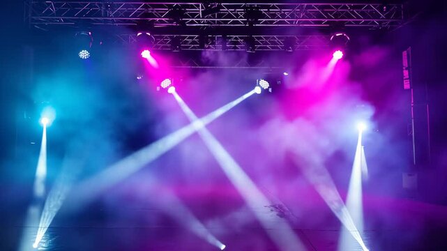 Empty stage illuminated by moving head spotlights and smoke effects