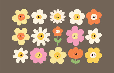 Fototapeta premium Retro Flower Power A Collection of Smiling Floral Icons in Yellow Orange Pink and White on Brown