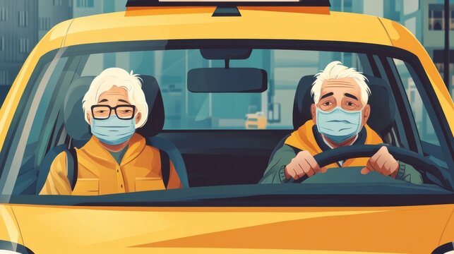 Senior couple riding in a taxi wearing protective masks during a pandemic time - Powered by Adobe