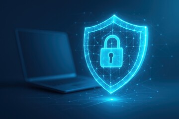 Cybersecurity concept with glowing padlock shield and laptop symbolizing digital protection and secure data flow