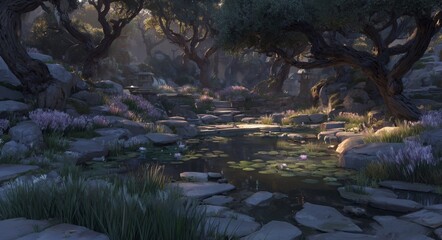 The gentle wetland scenery seamlessly blending into a rich and dense forest landscape