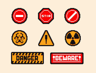 Set of the danger and attention signs, pixel icons. 8 bit pixel button set. Collection isolated vector illustrations