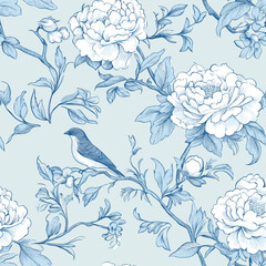 Floral Blue Chinoiserie. Toile De Jouy Vintage Seamless Pattern 04 Elegant Vector Graphics.