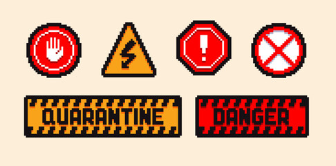 Set of the danger and attention signs, pixel icons. 8 bit pixel button set. Collection isolated vector illustrations