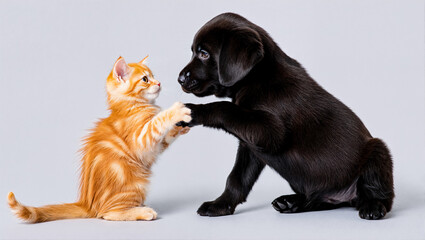 Adorable ginger kitten and black Labrador puppy playing together on a gray background. Illustrating unlikely friendship, gentle first encounters, and cute pet interaction.