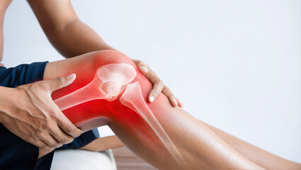 Man holding his knee in pain, with a visible X-ray overlay of the joint. Illustrating knee injury, arthritis, or joint problems. Concept for healthcare and orthopedic medicine.