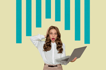 Composite 3d banner art pop image collage of happy businesswoman businessman stand chart statistics goal progress chance