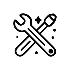 Simple black and white illustration of a wrench and screwdriver crossed, representing tools.