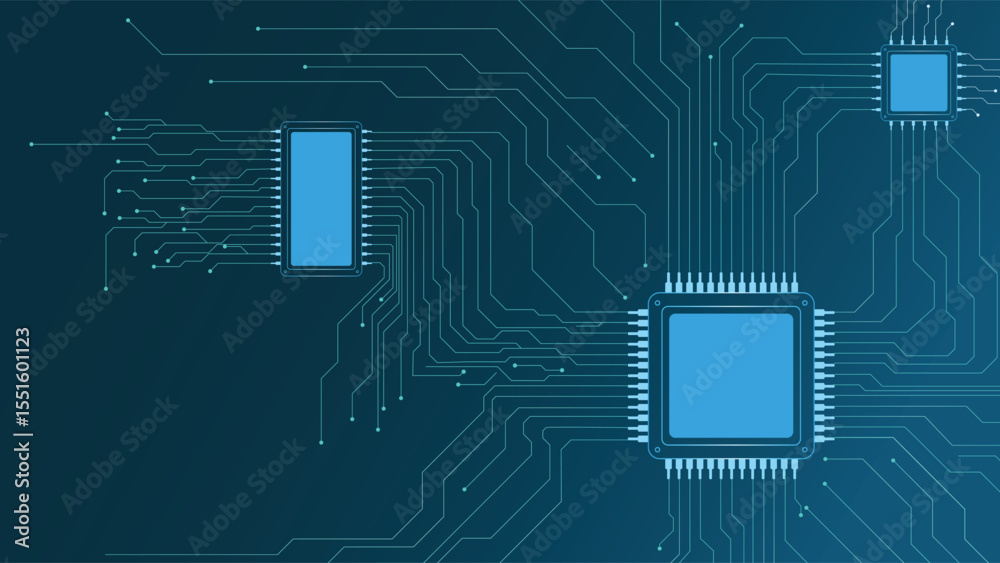 Wall mural abstract technology circuit board background with glowing blue lines and microchips ideal for tech t