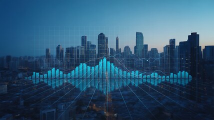 Futuristic financial analysis concept illustrating growth and performance within the metropolis skyline