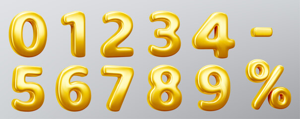Golden 3d number - digits 0 to 9 with percentage symbol. Metallic typography for anniversary celebration, discount promotion or birthday party decoration. Shiny floating numerals for festive events.