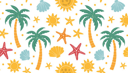 Obraz premium Vector seamless pattern with palm tree, sun, seashell, coral and starfish in groovy naive style. Hand drawn marine summer print. Collage abstract elements. Tropical vacation, club, collage, contempora
